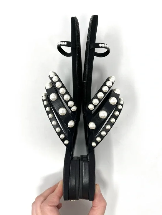 Chanel CC Logo Black Leather White Pearl Pearls Flat Strappy Sandals Slides 39.5 - Picture 6 of 9